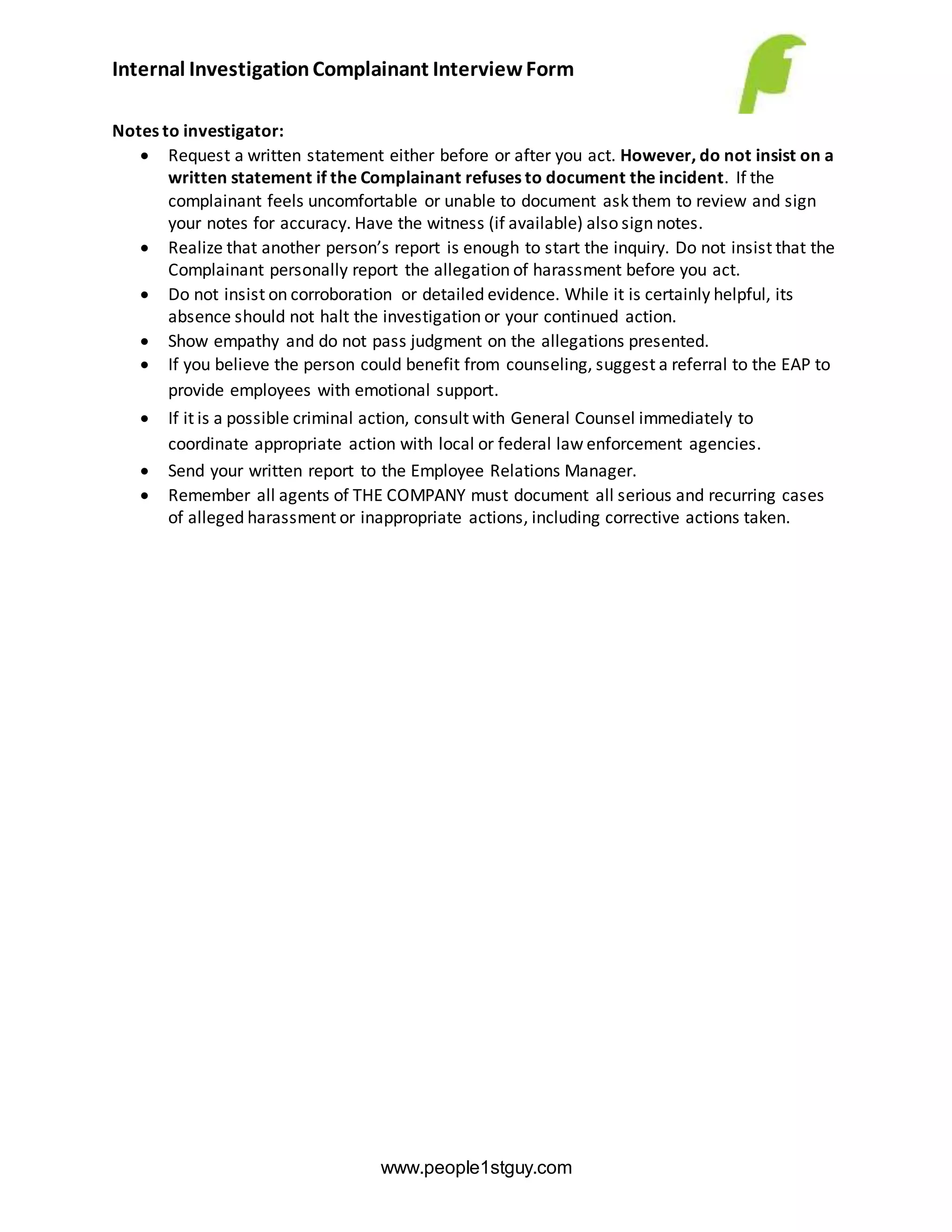 Employee Investigation Compliant Interview Form and Notes | DOCX