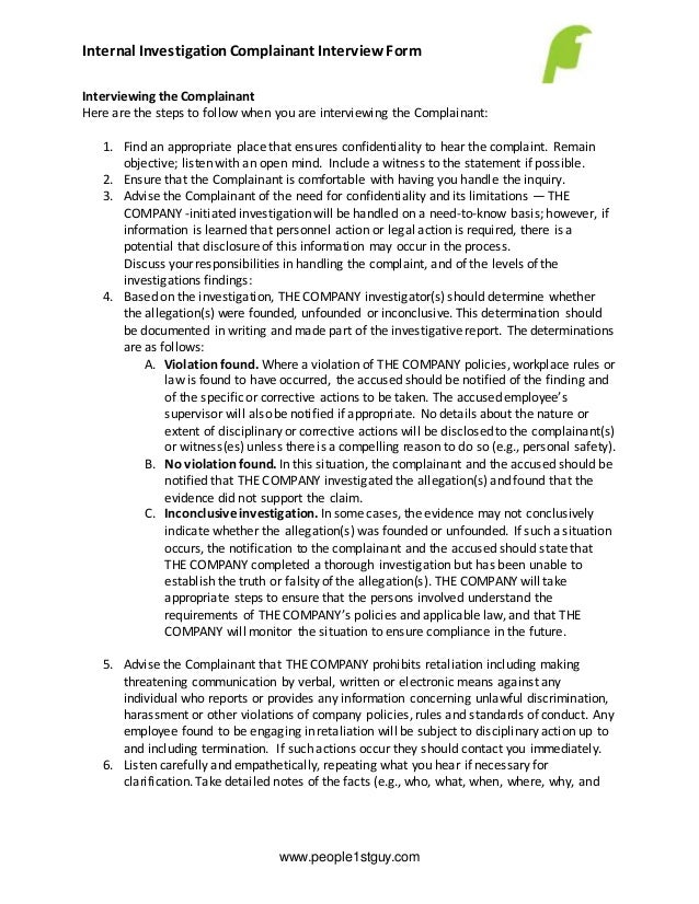 employee investigation compliant interview form and notes