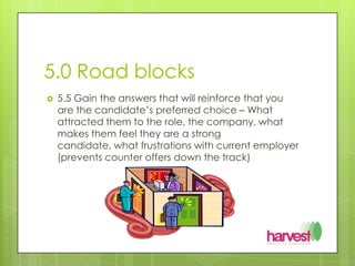 5.0 Road blocks5.5 Gain the answers that will reinforce that you are the candidate’s preferred choice – What attracted them to the role, the company, what makes them feel they are a strong candidate, what frustrations with current employer (prevents counter offers down the track)