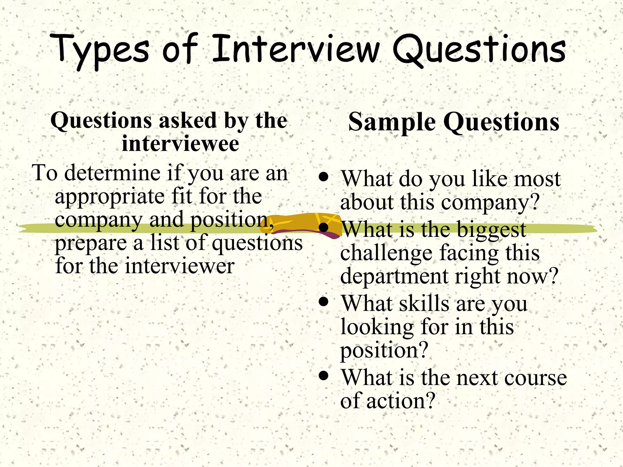 Types of Interview Questions
Questions asked by the
interviewee
To determine if you are an
appropriate fit for the
company and position,
prepare a list of questions
for the interviewer
Sample Questions
• What do you like most
about this company?
• What is the biggest
challenge facing this
department right now?
• What skills are you
looking for in this
position?
• What is the next course
of action?
 