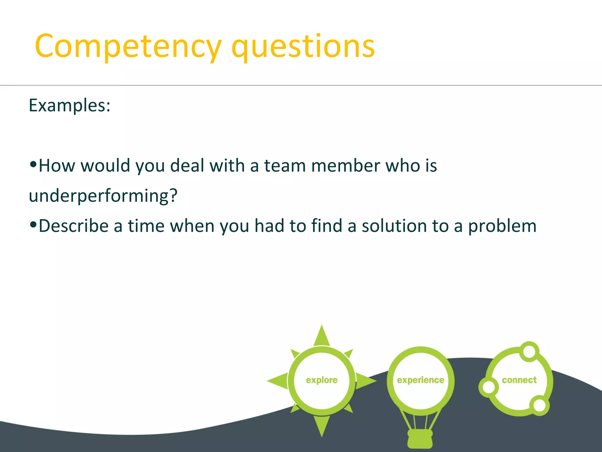 Competency questions
Examples:
•How would you deal with a team member who is
underperforming?
•Describe a time when you had to find a solution to a problem
 