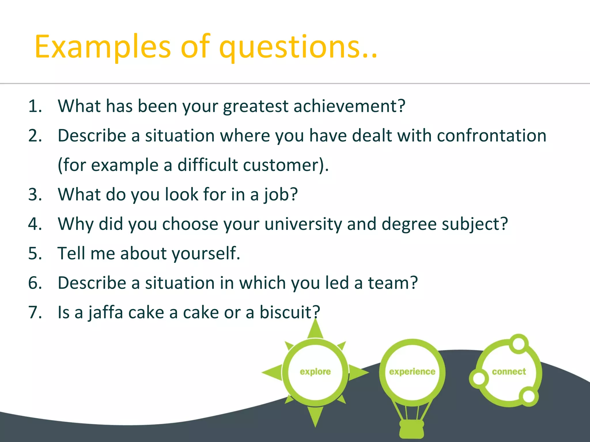 Examples of questions..
1. What has been your greatest achievement?
2. Describe a situation where you have dealt with confrontation
(for example a difficult customer).
3. What do you look for in a job?
4. Why did you choose your university and degree subject?
5. Tell me about yourself.
6. Describe a situation in which you led a team?
7. Is a jaffa cake a cake or a biscuit?
 