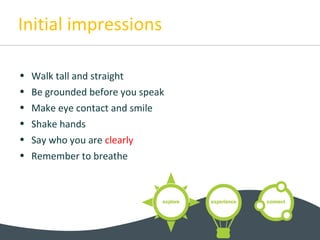 Initial impressions
• Walk tall and straight
• Be grounded before you speak
• Make eye contact and smile
• Shake hands
• Say who you are clearly
• Remember to breathe
 