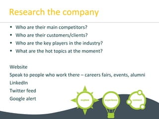 Research the company
• Who are their main competitors?
• Who are their customers/clients?
• Who are the key players in the industry?
• What are the hot topics at the moment?
Website
Speak to people who work there – careers fairs, events, alumni
LinkedIn
Twitter feed
Google alert
 