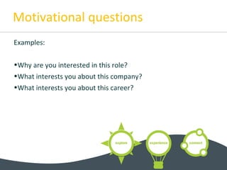 Motivational questions
Examples:
•Why are you interested in this role?
•What interests you about this company?
•What interests you about this career?
 