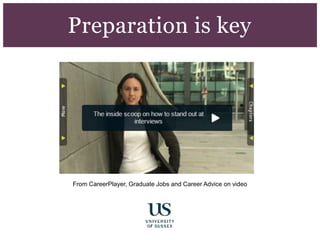 http://www.sussex.ac.uk/careers/jobs/applyingforjo
bs/interviews
From CareerPlayer, Graduate Jobs and Career Advice on video
Preparation is key
 