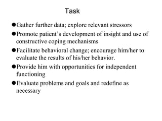 Task
⚫Gather further data; explore relevant stressors
⚫Promote patient’s development of insight and use of
constructive coping mechanisms
⚫Facilitate behavioral change; encourage him/her to
evaluate the results of his/her behavior.
⚫Provide him with opportunities for independent
functioning
⚫Evaluate problems and goals and redefine as
necessary
 
