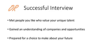 • Met people you like who value your unique talent
• Gained an understanding of companies and opportunities
• Prepared for a choice to make about your future
Successful Interview