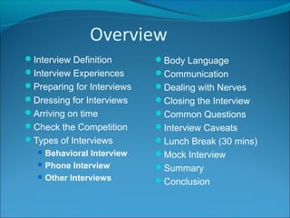Overview
Interview Definition
Interview Experiences
Preparing for Interviews
Dressing for Interviews
Arriving on time
Check the Competition
Types of Interviews
Behavioral Interview
Phone Interview
Other Interviews
Body Language
Communication
Dealing with Nerves
Closing the Interview
Common Questions
Interview Caveats
Lunch Break (30 mins)
Mock Interview
Summary
Conclusion
 