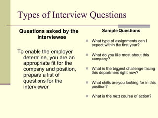 Types of Interview Questions Questions asked by the interviewee To enable the employer determine, you are an appropriate fit for the company and position, prepare a list of questions for the interviewer Sample Questions What type of assignments can I expect within the first year? What do you like most about this company? What is the biggest challenge facing this department right now? What skills are you looking for in this position? What is the next course of action? 