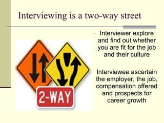 Interviewing is a two-way street Interviewer explore and find out whether you are fit for the job and their culture Interviewee ascertain the employer, the job, compensation offered and prospects for career growth 