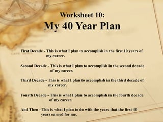 Worksheet 10: My 40 Year Plan First Decade - This is what I plan to accomplish in the first 10 years of    my career.    Second Decade - This is what I plan to accomplish in the second decade    of my career.    Third Decade - This is what I plan to accomplish in the third decade of    my career.    Fourth Decade - This is what I plan to accomplish in the fourth decade    of my career.    And Then - This is what I plan to do with the years that the first 40    years earned for me.   