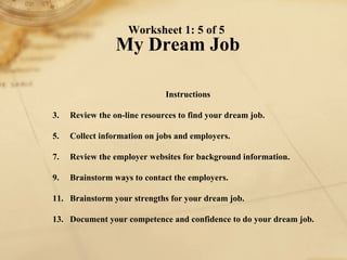 Worksheet 1: 5 of 5  My Dream Job Instructions 1. Review the on-line resources to find your dream job.  2. Collect information on jobs and employers. 3. Review the employer websites for background information. 4. Brainstorm ways to contact the employers. 5. Brainstorm your strengths for your dream job. 6. Document your competence and confidence to do your dream job. 