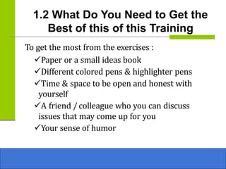1.2 What Do You Need to Get the
Best of this of this Training
To get the most from the exercises :
✓Paper or a small ideas book
✓Different colored pens & highlighter pens
✓Time & space to be open and honest with
yourself
✓A friend / colleague who you can discuss
issues that may come up for you
✓Your sense of humor
 