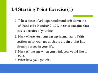 1.4 Starting Point Exercise (1)
1. Take a piece of A4 paper and number it down the
left-hand side. Number 0–100, in tens; imagine that
this is decades of your life.
2. Mark where your current age is and tear off this
section up to your age as this is the time that has
already passed in your life.
3. Mark off the age when you think you would like to
retire.
4. What have you got left?
 
