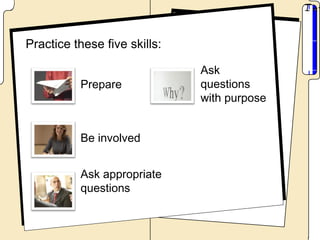 Practice these five skills:

                              Ask
          Prepare             questions
                              with purpose


          Be involved


          Ask appropriate
          questions
 
