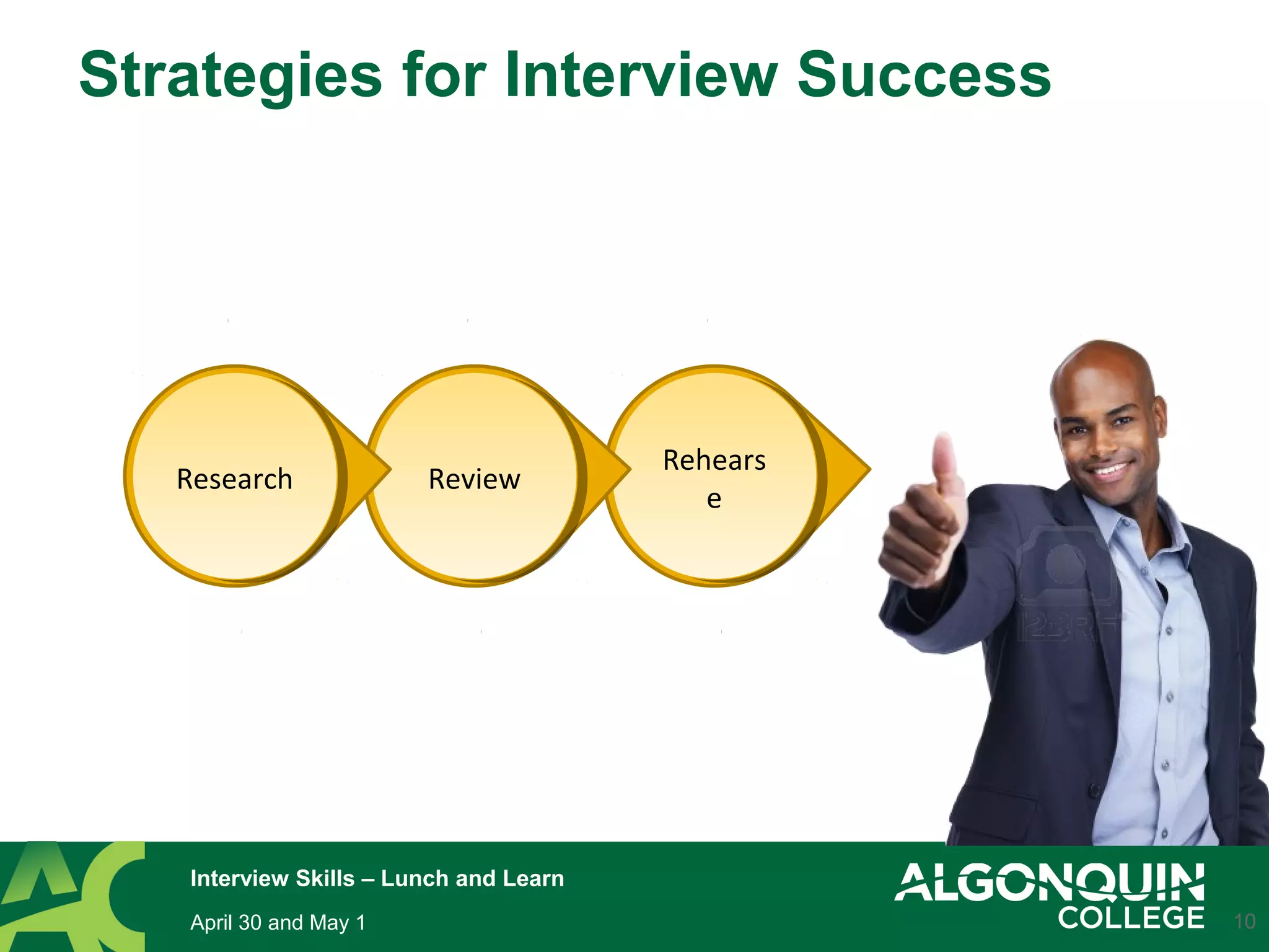 Rehears
e
Rehears
e
ReviewReview
Strategies for Interview Success
10
ResearchResearch
April 30 and May 1
Interview Skills – Lunch and Learn
 