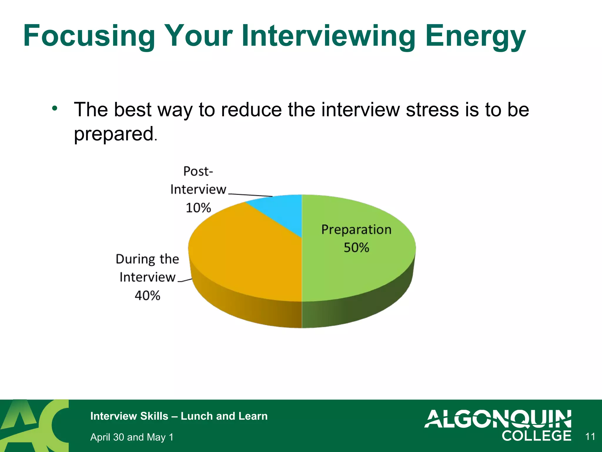11
Focusing Your Interviewing Energy
• The best way to reduce the interview stress is to be
prepared.
April 30 and May 1
Interview Skills – Lunch and Learn
 