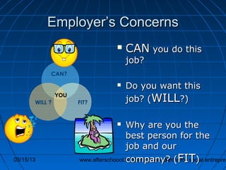 Employer’s Concerns
                                        CAN you do this
                                         job?
            CAN?
                                        Do you want this
                                         job? (WILL?)
                YOU
       WILL ?         FIT?


                                      Why are you the
                                       best person for the
                                       job and our
03/15/13                               company? (FIT)  13
                      www.afterschoool.tk afterschoool centre for social entrepren
 