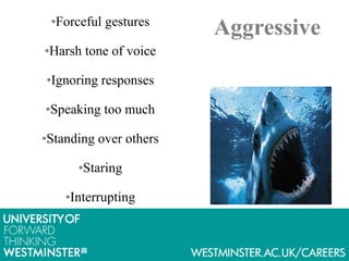 Aggressive•Forceful gestures
•Harsh tone of voice
•Ignoring responses
•Speaking too much
•Standing over others
•Staring
•Interrupting
 
