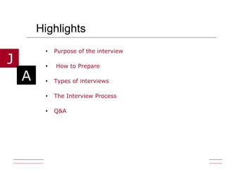 Highlights Purpose of the interview How to Prepare Types of interviews The Interview Process Q&A 