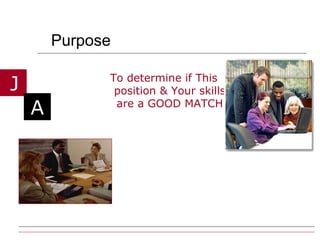 Purpose To determine if This position & Your skills are a GOOD MATCH 