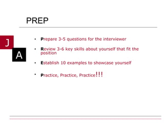 PREP P repare 3-5 questions for the interviewer  R eview 3-6 key skills about yourself that fit the position E stablish 10 examples to showcase yourself P ractice, Practice, Practice !!! 