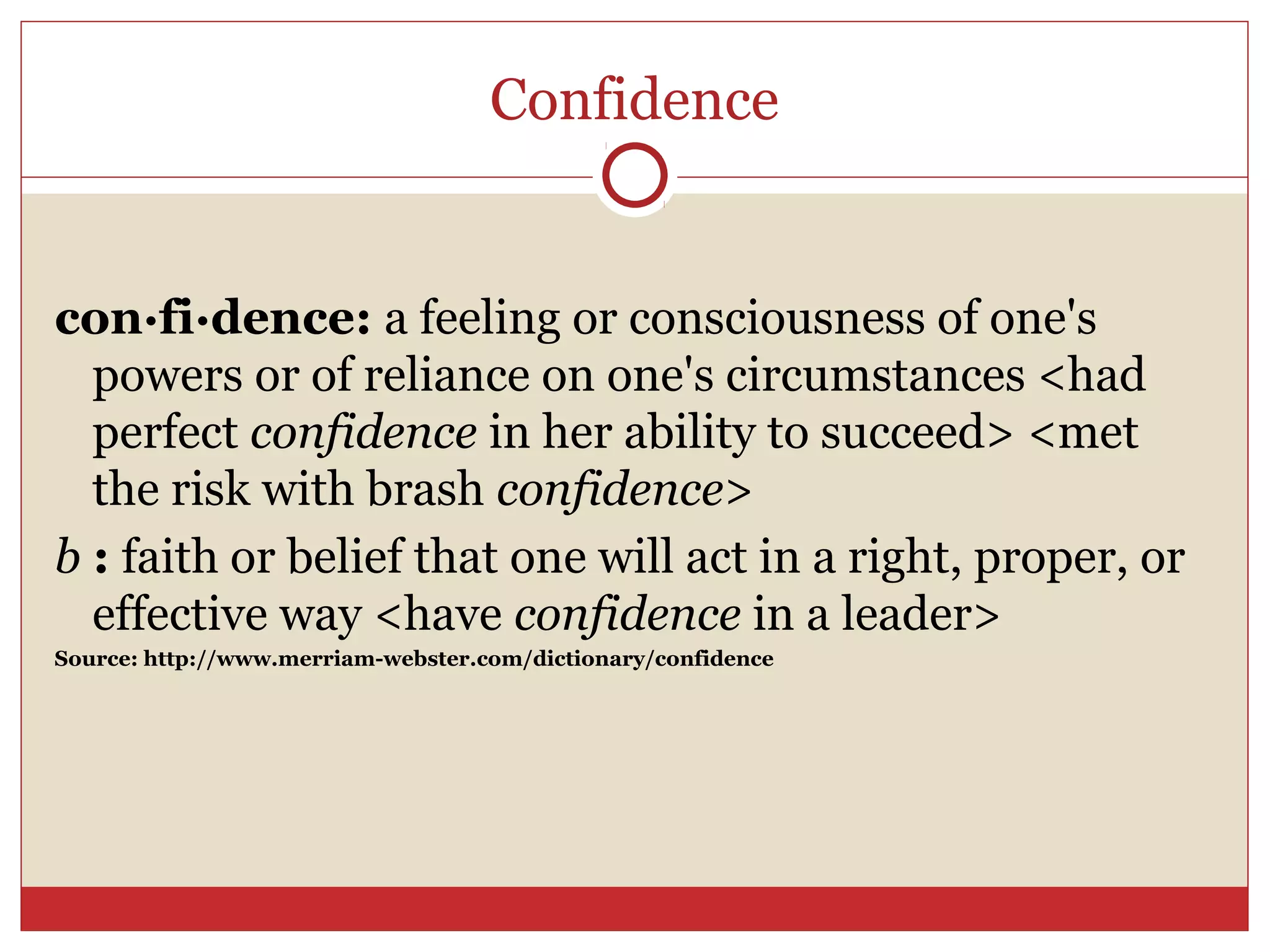 Confidence


con·fi·dence: a feeling or consciousness of one's
  powers or of reliance on one's circumstances <had
  perfect confidence in her ability to succeed> <met
  the risk with brash confidence>
b : faith or belief that one will act in a right, proper, or
  effective way <have confidence in a leader>
Source: http://www.merriam-webster.com/dictionary/confidence
 
