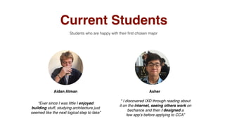 Students who are happy with their ﬁrst chosen major
Current Students
Aidan Atman Asher
“Ever since I was little I enjoyed
building stuff, studying architecture just
seemed like the next logical step to take”
“ I discovered IXD through reading about
it on the internet, seeing others work on
bechance and then I designed a
few app’s before applying to CCA”
 