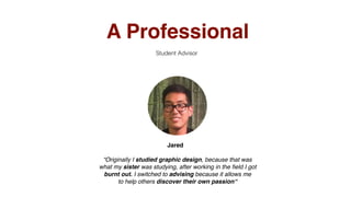 A Professional
Student Advisor
Jared
“Originally I studied graphic design, because that was
what my sister was studying, after working in the ﬁeld I got
burnt out. I switched to advising because it allows me
to help others discover their own passion“
 