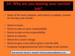 14. Why are you leaving your current
job?
• Some of the most common, and easiest to explain, reasons
for leaving a job include:
• Desire to learn.
• Desire to take on more responsibility.
• Desire to take on less responsibility.
• Desire to relocate.
• Desire for a career change.
• Desire to gain a new skill or grow a current skill.
• Company reorganization has led to change in job content.
Best Interview Tips by Er. Swapnil V. Kaware (svkaware@yahoo.co.in)
 