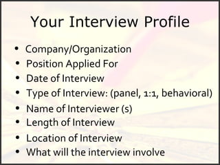 Your Interview Profile What will the interview involve Company/Organization Position Applied For Date of Interview Type of Interview: (panel, 1:1, behavioral) Name of Interviewer (s) Location of Interview Length of Interview 