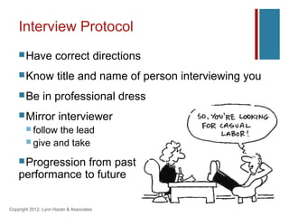 Interview Protocol
     Have           correct directions
     Know            title and name of person interviewing you
     Be       in professional dress
     Mirror           interviewer
        followthe lead
        give and take

     Progressionfrom past
    performance to future

Copyright 2012, Lynn Hazan & Associates
 