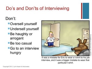 Do’s and Don’ts of Interviewing

   Don’t:
        Oversell yourself
        Undersell yourself
        Be haughty or
         arrogant
        Be too casual
        Go to an interview
         hungry
                                           It was a mistake for Eric to wear a t-shirt to his job
                                          interview, and it was a bigger mistake to wear that
                                                             particular t-shirt.
Copyright 2012, Lynn Hazan & Associates
 