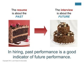 The resume                  The interview
              is about the                 is about the
                 PAST                        FUTURE




        In hiring, past performance is a good
           indicator of future performance.
Copyright 2012, Lynn Hazan & Associates
 