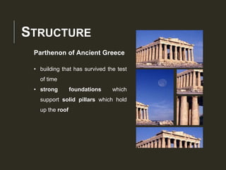STRUCTURE
Parthenon of Ancient Greece
• building that has survived the test
of time
• strong foundations which
support solid pillars which hold
up the roof
 