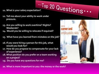 11. What is your salary expectation?
12. Tell me about your ability to work under
pressure.
13. Are you willing to work overtime? Nights?
Weekends?
14. Would you be willing to relocate if required?
15. What have you learned from mistakes on the job?
16. If you were hiring a person for this job, what
would you look for?
17. How do you propose to compensate for your lack
of experience?
18. What position do you prefer on a team working
on a project?
19. Do you have any questions for me?
20. What is more important to you: the money or the work?
 