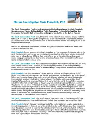 Marine Investigator Chris Pincetich, PhD
____________________________________________________
The Catch Conservation Fund recently spoke with Marine Investigator Dr. Chris Pincetich,
Campaigner and Marine Biologist at Sea Turtle Restoration Project, to find out how the
Deepwater Horizon Oil Spill is impacting endangered sea turtles in the Gulf of Mexico:

The Catch Conservation Fund: Chris, I know that you're extremely busy preparing for your next trip
to the Gulf, so I want to thank you for taking time out to talk with The Catch Conservation Fund about
your investigations so far, and possible solutions to the environmental disaster that’s being caused by the
Deepwater Horizon oil spill.

How did you originally become involved in marine biology and conservation work? Has it always been
something that interested you?

Chris Pincetich: I spent summers at the beach for as long as I can remember, first digging holes in the
sand, then jumping through waves, and eventually diving and surfing. When faced with the prospect of
going away to college I chose UC Santa Cruz, which offered one of the nations’ top undergraduate
marine biology programs and was close to some fantastic surf spots. I have immersed myself in ocean
science and conservation work ever since.

The Catch Conservation Fund: We have been reporting about the work STRP and PRETOMA are doing
in the Eastern Pacific for over a year now, but I was completely unaware of the endangered Kemp's
Ridley. Would you mind telling me a little bit about the Kemp's Ridley and how it came to be the most
endangered sea turtle in the Gulf?

Chris Pincetich: Just about every Kemp’s Ridley sea turtle left in the world swims into the Gulf of
Mexico in spring to nest in the summer, and the Gulf is not always a friendly place for sea turtles. Kemp’s
Ridleys are the most endangered sea turtles as a result of human activities, but several factors make
them especially sensitive, including their nesting behavior, their habitat preference, and the deadly
impacts of offshore oil and commercial fishing. Of all sea turtles in the world, Kemp’s Ridleys are unique
in that they often nest during the day, so they are very vulnerable to predators and human poachers.
They tend to live and forage in the relatively shallow coastal shelf zones of the Gulf and U.S. east coast
where there is also a very high density of deadly fishing activity. Finally, when their populations were
already dwindling due to poaching and deadly fisheries, a massive oil spill in 1979 occurred right offshore
of their primary nesting beaches, jeopardizing the entire population. Of all the factors contributing to the
demise of the smallest and rarest sea turtle in the world, commercial shrimp trawling is likely the
deadliest threat to Kemp’s Ridleys in the Gulf today.

The Catch Conservation Fund: What significance do these turtles have to the environment? If they
were forced into extinction, how would that impact the Gulf Coast ecosystem and overall food chain?

Chris Pincetich: Kemp’s Ridleys are an integral part of the neritic food chain, keeping crab and other
invertebrate populations in check. All sea turtles contribute to the health of beach sand dune ecosystems
when they deposit hundreds of eggs into this nutrient poor environment. Unfortunately, Gulf of Mexico
sea turtle populations have been decimated to such a degree that is it difficult to ascertain their true roles
in the ecosystem because we can now only study a small remnant of what was historically a large and
much more significant part of the coastal community.
 