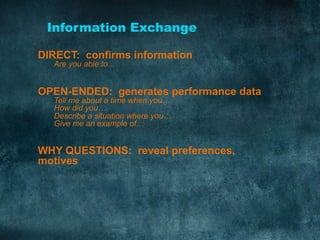 Information Exchange 	
  
DIRECT: confirms information
Are you able to...
OPEN-ENDED: generates performance data
Tell me about a time when you…
How did you…
Describe a situation where you…
Give me an example of…
WHY QUESTIONS: reveal preferences,
motives
 
