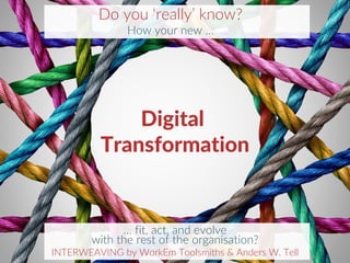 11
Digital
Transformation
Do you ‘really’ know?
How your new …
… fit, act, and evolve
with the rest of the organisation?
INTERWEAVING by WorkEm Toolsmiths & Anders W. Tell
 