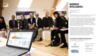 Maximize profit by turning
insight into action.
Businesses today are swimming in data. How can you turn that
data into knowledge and actionable insight quickly?
We specialize in developing effective solutions that challenge
the old high-cost high-risk model of business intelligence. With
our proven, incremental approach, we utilize the best-of-breed
software tools, expert knowledge of database design, and
world-class knowledge of data visualization techniques, to
build understandable dashboards and reports — turning your
data into stories that help identify opportunities, address issues
and make actionable discoveries.
Whether your needs include looking for a new solution,
consulting (short-term or long-term), project management,
consolidating data or user adoption services — InterWorks
is the leader in low cost/high value business intelligence.
Services include: project planning, on-site training, data
visualization with Tableau Software, SQL database design
& development, ETL (extract, transform & load) design and
software development for business intelligence.
Partnering with other industry leaders allows us to
spearhead the big data movement.
Our Business Intelligence Partnerships
• Tableau Gold Partner
• Certified Tableau
Reseller
• Certified Tableau
Training Partner
• Vertica Partner
Business
Intelligence
 