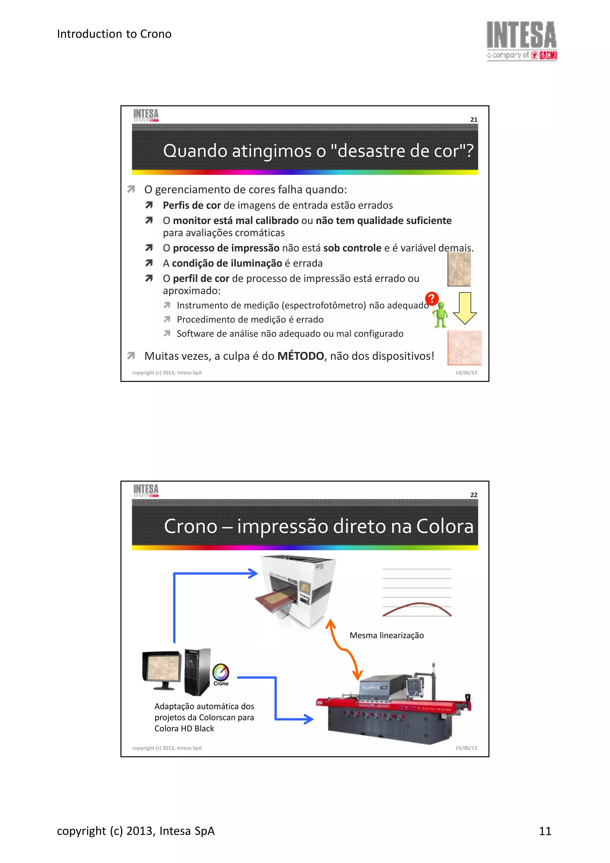 Introduction to Crono
copyright (c) 2013, Intesa SpA 11
Quando atingimos o "desastre de cor"?
copyright (c) 2013, Intesa SpA
21
O gerenciamento de cores falha quando:
Perfis de cor de imagens de entrada estão errados
O monitor está mal calibrado ou não tem qualidade suficiente
para avaliações cromáticas
O processo de impressão não está sob controle e é variável demais.
A condição de iluminação é errada
O perfil de cor de processo de impressão está errado ou
aproximado:
Instrumento de medição (espectrofotômetro) não adequado
Procedimento de medição é errado
Software de análise não adequado ou mal configurado
Muitas vezes, a culpa é do MÉTODO, não dos dispositivos!
19/06/13
Crono – impressão direto na Colora
copyright (c) 2013, Intesa SpA
22
19/06/13
Mesma linearização
Adaptação automática dos
projetos da Colorscan para
Colora HD Black
 