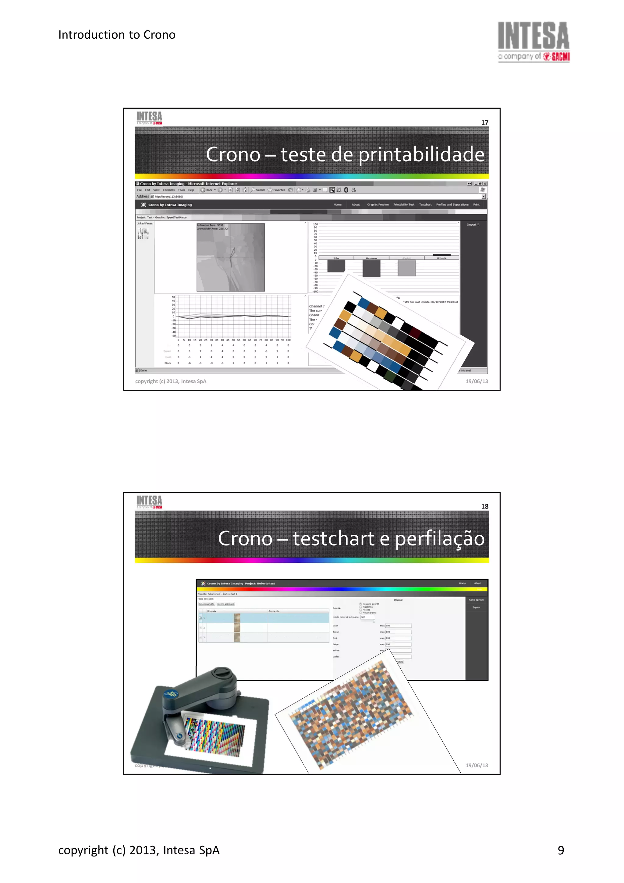 Introduction to Crono
copyright (c) 2013, Intesa SpA 9
Crono – teste de printabilidade
copyright (c) 2013, Intesa SpA
17
19/06/13
Crono – testchart e perfilação
copyright (c) 2013, Intesa SpA
18
19/06/13
 