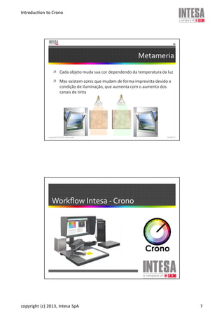 Introduction to Crono
copyright (c) 2013, Intesa SpA 7
Metameria
copyright (c) 2013, Intesa SpA
13
Cada objeto muda sua cor dependendo da temperatura da luz
Mas existem cores que mudam de forma imprevista devido a
condição de iluminação, que aumenta com o aumento dos
canais de tinta
19/06/13
Workflow Intesa - Crono
 