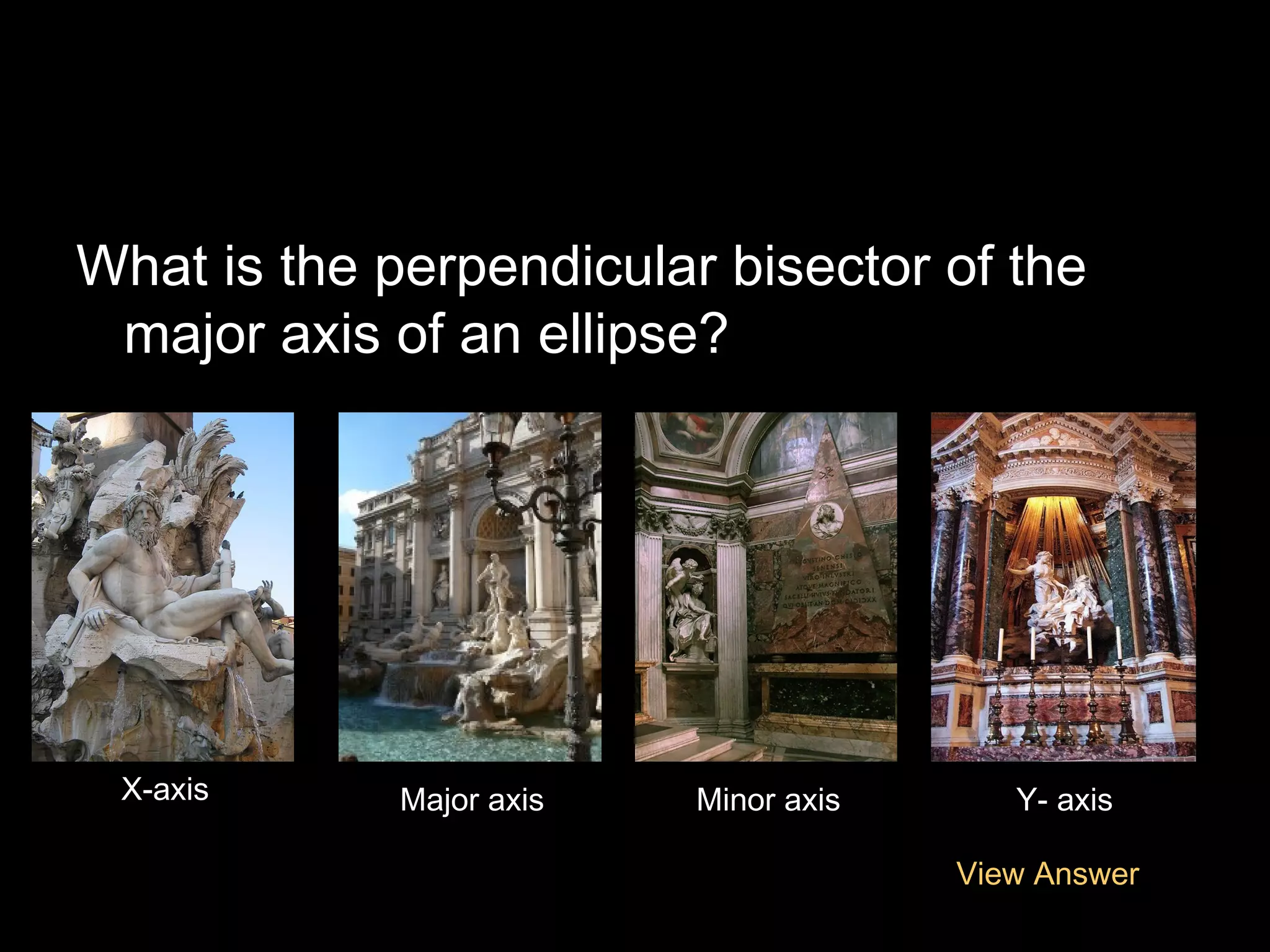 What is the perpendicular bisector of the
major axis of an ellipse?

X-axis

Major axis

Minor axis

Y- axis
View Answer

 