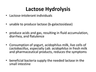 Lactose Hydrolysis
• Lactose-intolerant individuals
• unable to produce lactase (b-galactosidase)
• produce acids and gas, resulting in fluid accumulation,
diarrhea, and flatulence
• Consumption of yogurt, acidophilus milk, live cells of
Lactobacillus, especially Lab. acidophilus in fresh milk
and pharmaceutical products, reduces the symptoms
• beneficial bacteria supply the needed lactase in the
small intestine
 