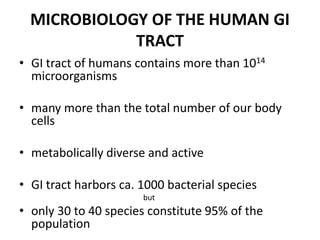 MICROBIOLOGY OF THE HUMAN GI
TRACT
• GI tract of humans contains more than 1014
microorganisms
• many more than the total number of our body
cells
• metabolically diverse and active
• GI tract harbors ca. 1000 bacterial species
but
• only 30 to 40 species constitute 95% of the
population
 