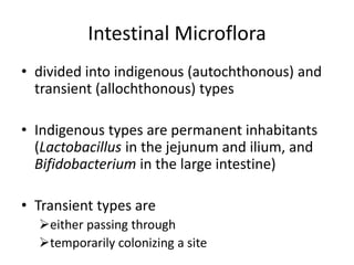 Intestinal Microflora
• divided into indigenous (autochthonous) and
transient (allochthonous) types
• Indigenous types are permanent inhabitants
(Lactobacillus in the jejunum and ilium, and
Bifidobacterium in the large intestine)
• Transient types are
either passing through
temporarily colonizing a site
 