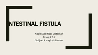 INTESTINAL FISTULA
Naqvi Syed Noor ul Hassan
Group # 11
Subject # surgical disease
 