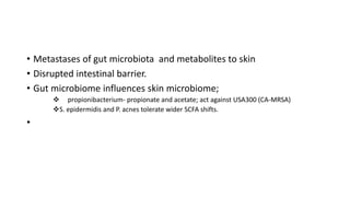 • Metastases of gut microbiota and metabolites to skin
• Disrupted intestinal barrier.
• Gut microbiome influences skin microbiome;
 propionibacterium- propionate and acetate; act against USA300 (CA-MRSA)
S. epidermidis and P. acnes tolerate wider SCFA shifts.
•
 
